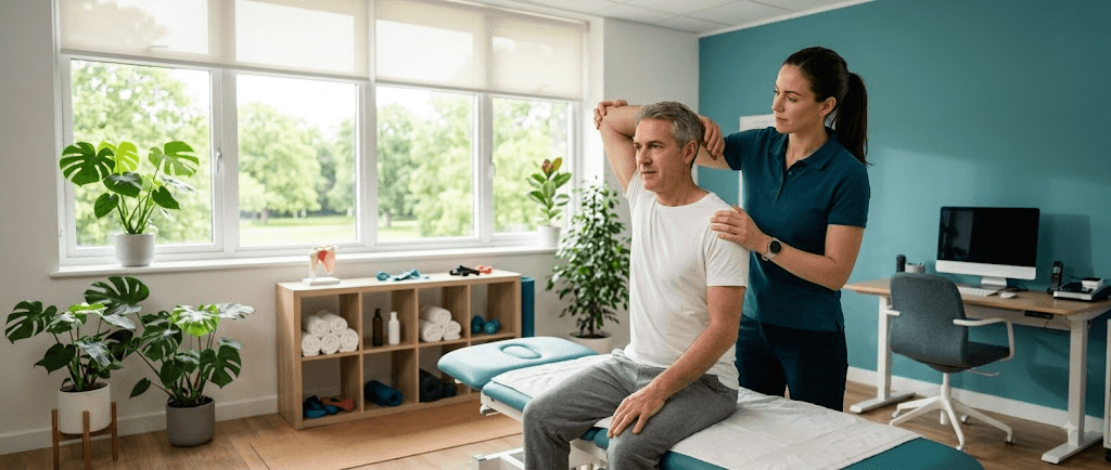 Calm modern physiotherapy clinic treatment room